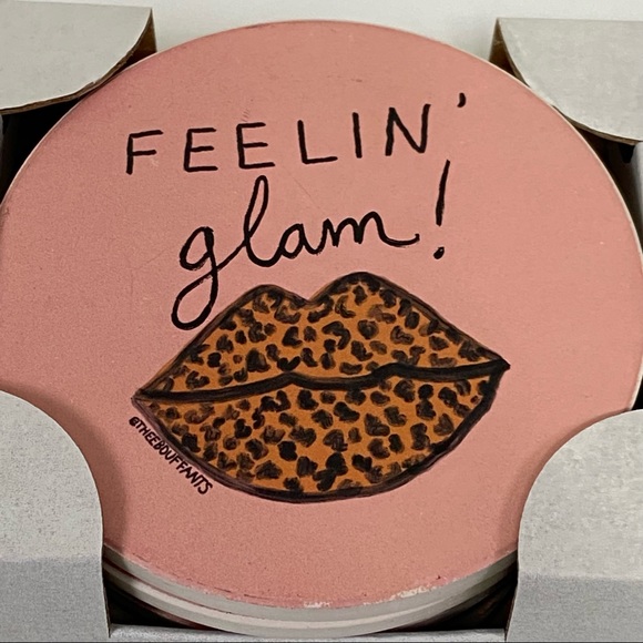 FEELING GLAM Absorbent Stone  Coasters 4 Pack Blush Pink Animal Print Lips Gift - Picture 10 of 14